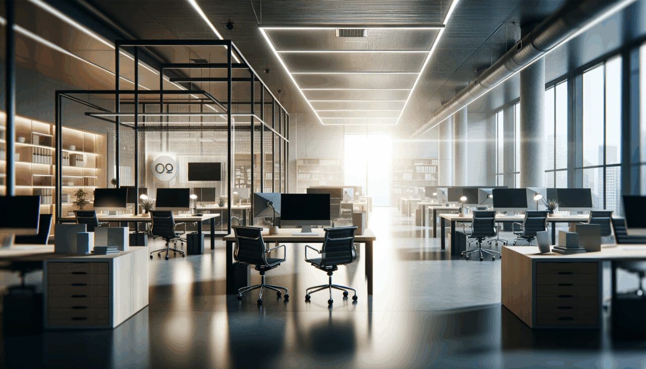 Oficina moderna con equipos de tecnología colaborando en un espacio luminoso, ambiente corporativo y enfoque en innovación.