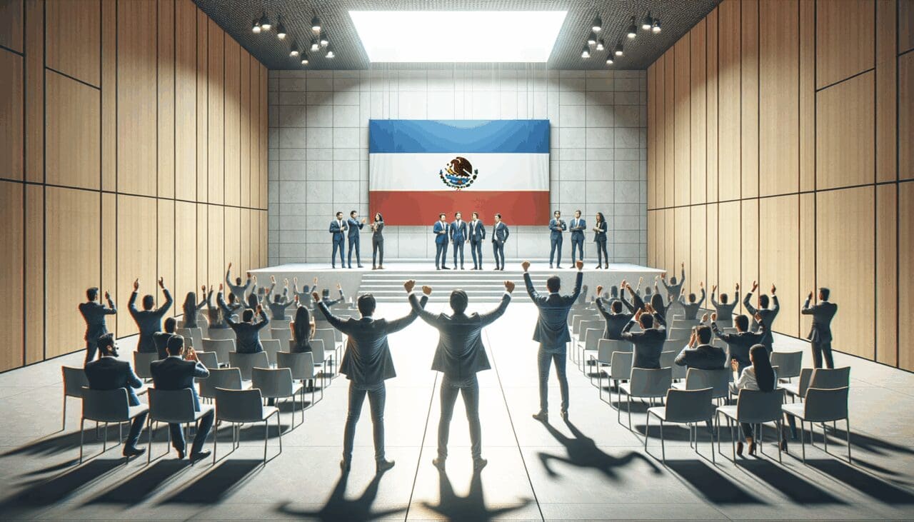 Emprendedores celebrando en un auditorio moderno durante un evento de startups latinoamericano.