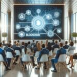 Reunión de empresarios en un salón moderno con gráficos de tecnología blockchain en pantalla.