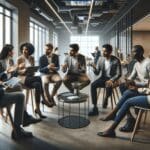 Emprendedores discutiendo aplicaciones tecnológicas en un moderno espacio de coworking.