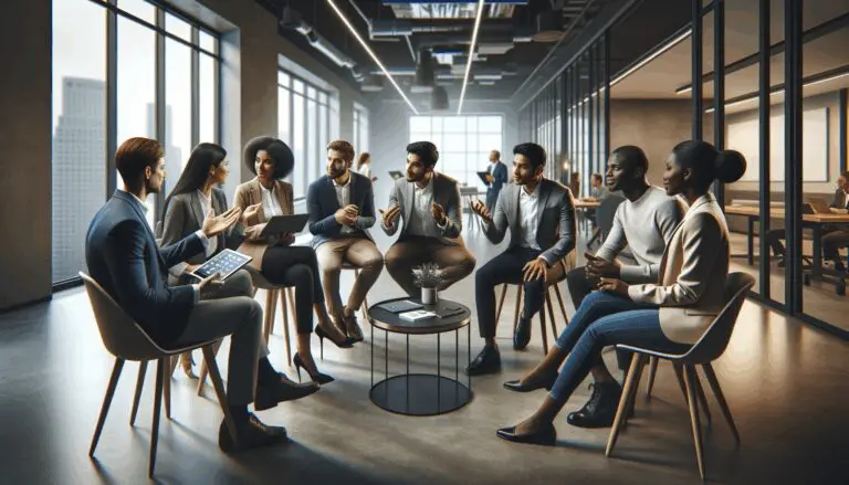Emprendedores discutiendo aplicaciones tecnológicas en un moderno espacio de coworking.