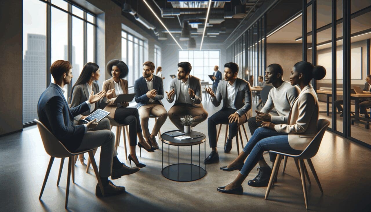Emprendedores discutiendo aplicaciones tecnológicas en un moderno espacio de coworking.
