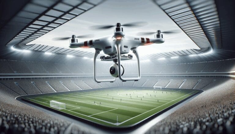 Drone deportivo volando sobre un estadio de fútbol moderno, enfoque en la innovación tecnológica.