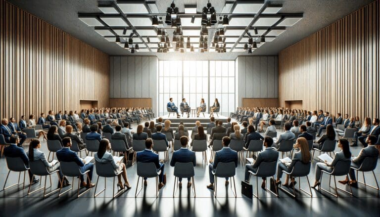 Escena de un auditorio moderno con emprendedores y profesionales debatiendo innovación tecnológica.