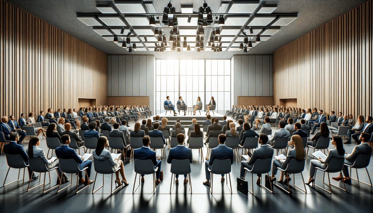Escena de un auditorio moderno con emprendedores y profesionales debatiendo innovación tecnológica.
