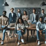 Grupos de jóvenes emprendedores en un espacio de coworking moderno, laptops y pizarras visibles.