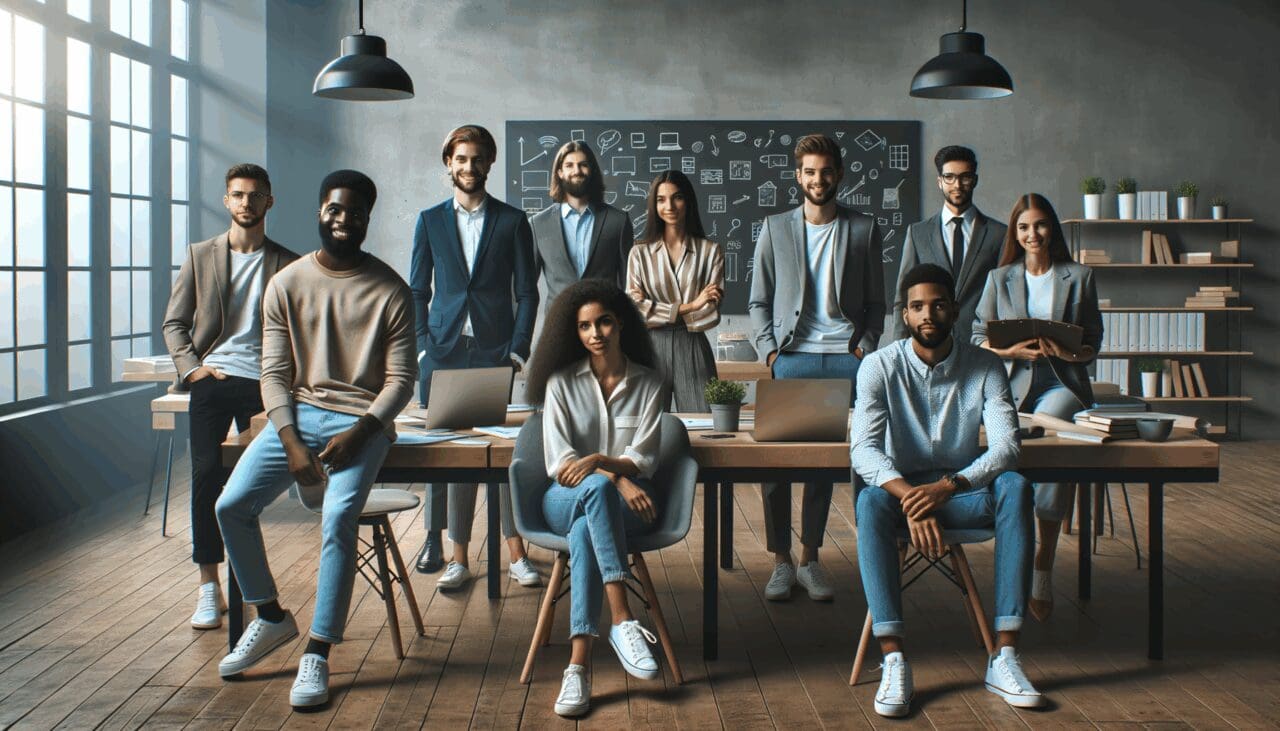 Grupos de jóvenes emprendedores en un espacio de coworking moderno, laptops y pizarras visibles.