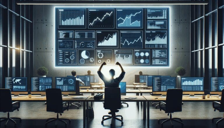 Emprendedor trabajando de noche frente a pantallas con gráficos y código en una oficina moderna.