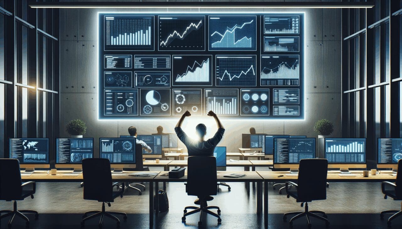 Emprendedor trabajando de noche frente a pantallas con gráficos y código en una oficina moderna.