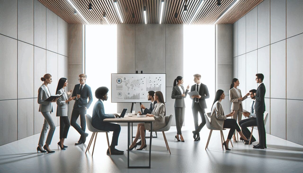 Fotografía de jóvenes emprendedores dialogando en un espacio moderno con laptops y pizarras digitales.