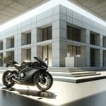 Moto moderna estacionada frente a un edificio tecnológico minimalista bajo luz natural.