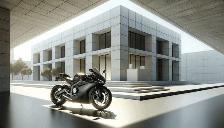 Moto moderna estacionada frente a un edificio tecnológico minimalista bajo luz natural.