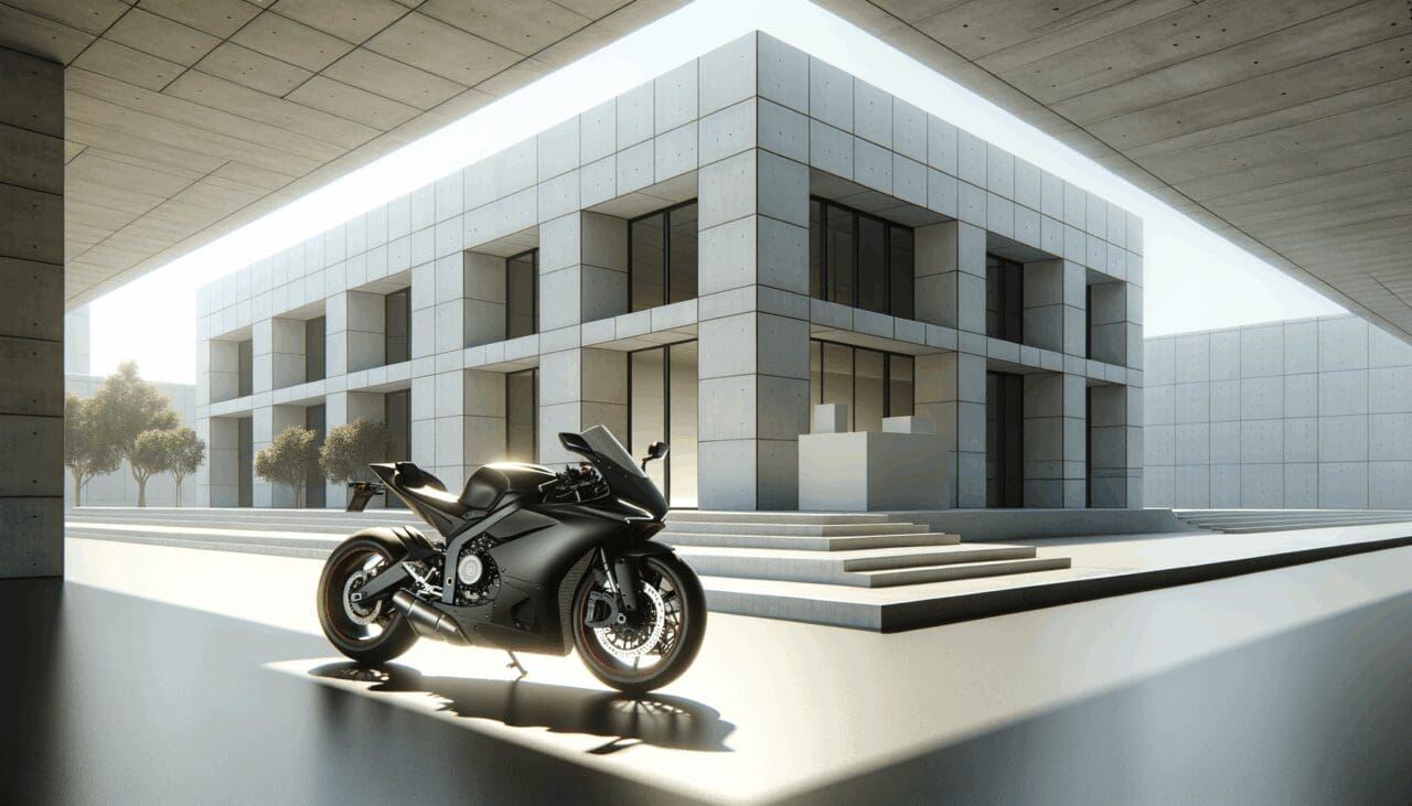 Moto moderna estacionada frente a un edificio tecnológico minimalista bajo luz natural.