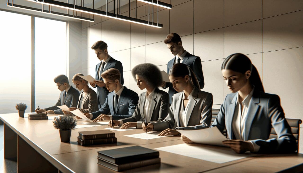 Juzgado moderno con personas jóvenes revisando documentos en un entorno corporativo.