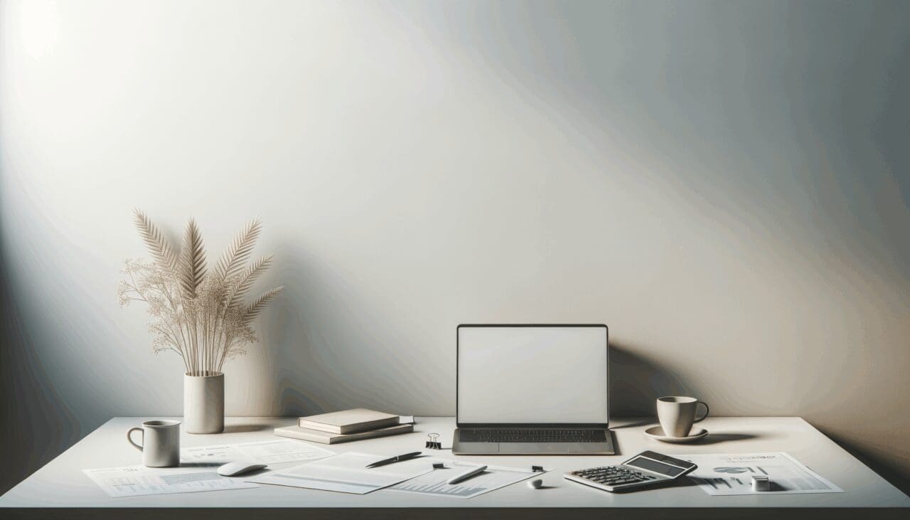 Mesa de trabajo con computadora portátil, calculadora y documentos financieros, fondo blanco y estilo minimalista.