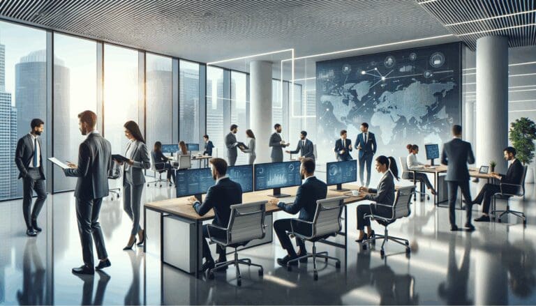 Oficinas modernas con profesionales colaborando en un espacio tecnológico iluminado.