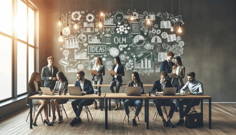 Jóvenes emprendedores colaborando en un espacio de coworking moderno con laptops y pizarras llenas de ideas.