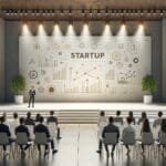 Jóvenes emprendedores presentando una startup en un auditorio moderno con fondos luminosos.