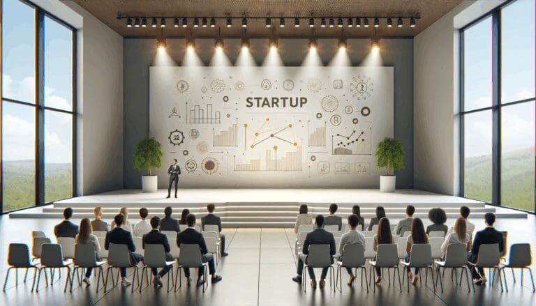 Jóvenes emprendedores presentando una startup en un auditorio moderno con fondos luminosos.