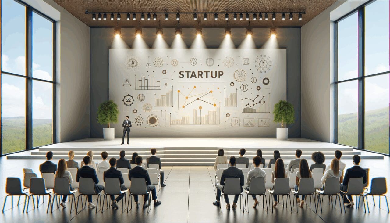 Jóvenes emprendedores presentando una startup en un auditorio moderno con fondos luminosos.