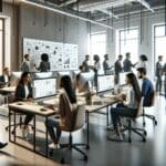 Oficina moderna con jóvenes emprendedores colaborando junto a computadoras y pizarras digitales.