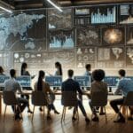 Equipo multicultural colaborando frente a pantallas con gráficos de datos y algoritmos en una oficina moderna.