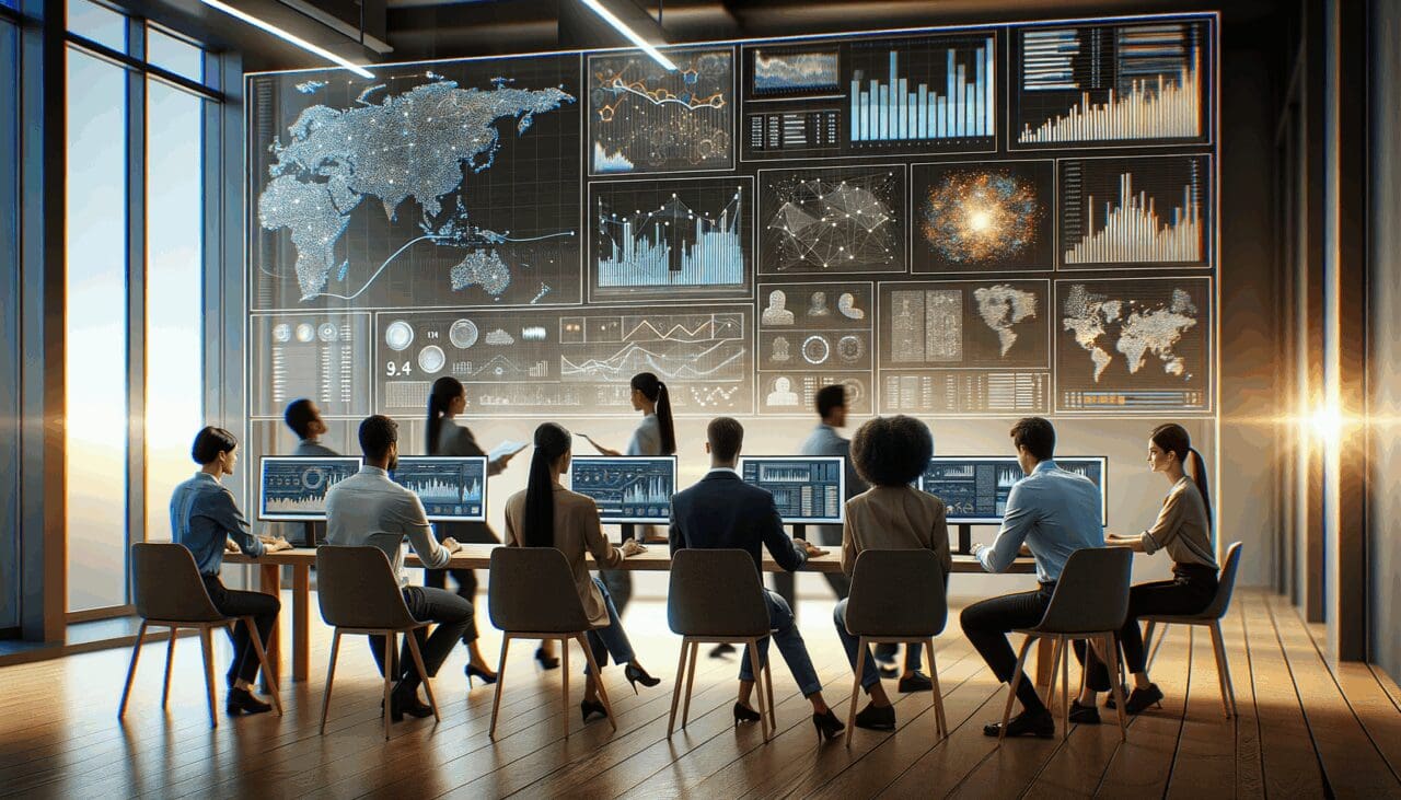 Equipo multicultural colaborando frente a pantallas con gráficos de datos y algoritmos en una oficina moderna.