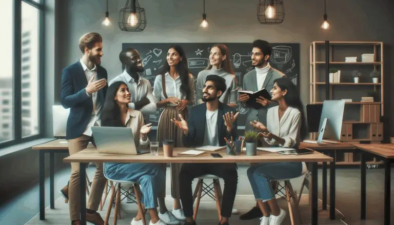 Grupo diverso de jóvenes emprendedores debatiendo ideas en un espacio de coworking moderno con pizarras y computadoras