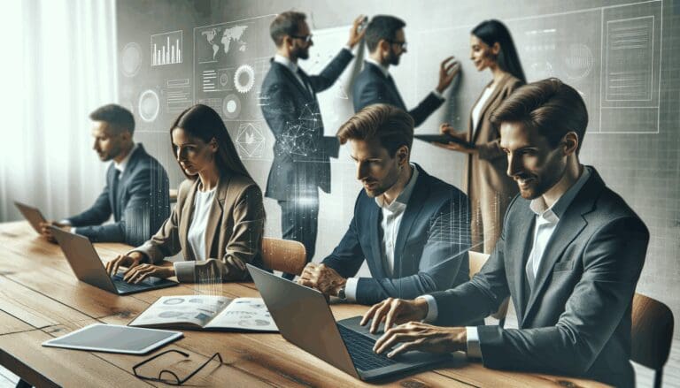 Primer plano de emprendedores colaborando en una sala de reuniones moderna con laptops y pizarras digitales.