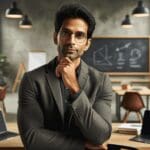 Retrato de un emprendedor reflexionando en un moderno espacio de coworking con laptops y pizarras al fondo.