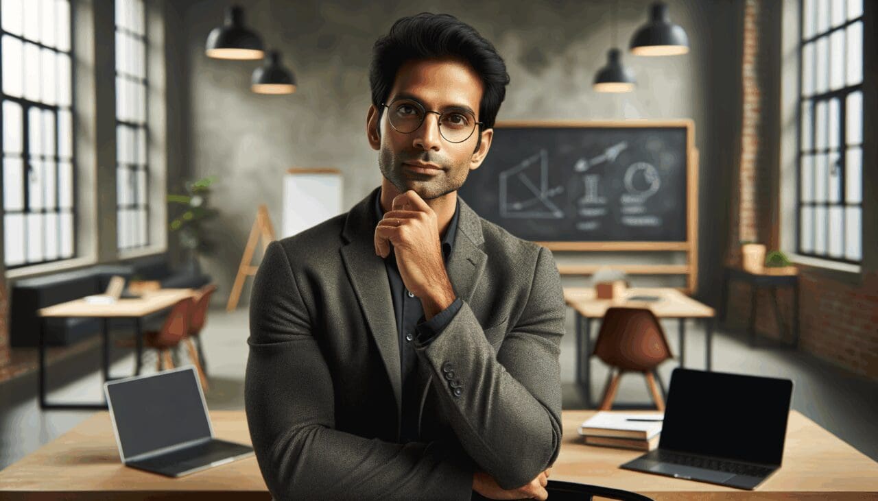 Retrato de un emprendedor reflexionando en un moderno espacio de coworking con laptops y pizarras al fondo.