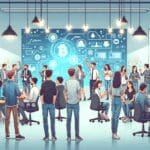 Ilustración de jóvenes emprendedores reunidos en un coworking moderno, rodeados de pantallas con gráficos y símbolos de blockchain.