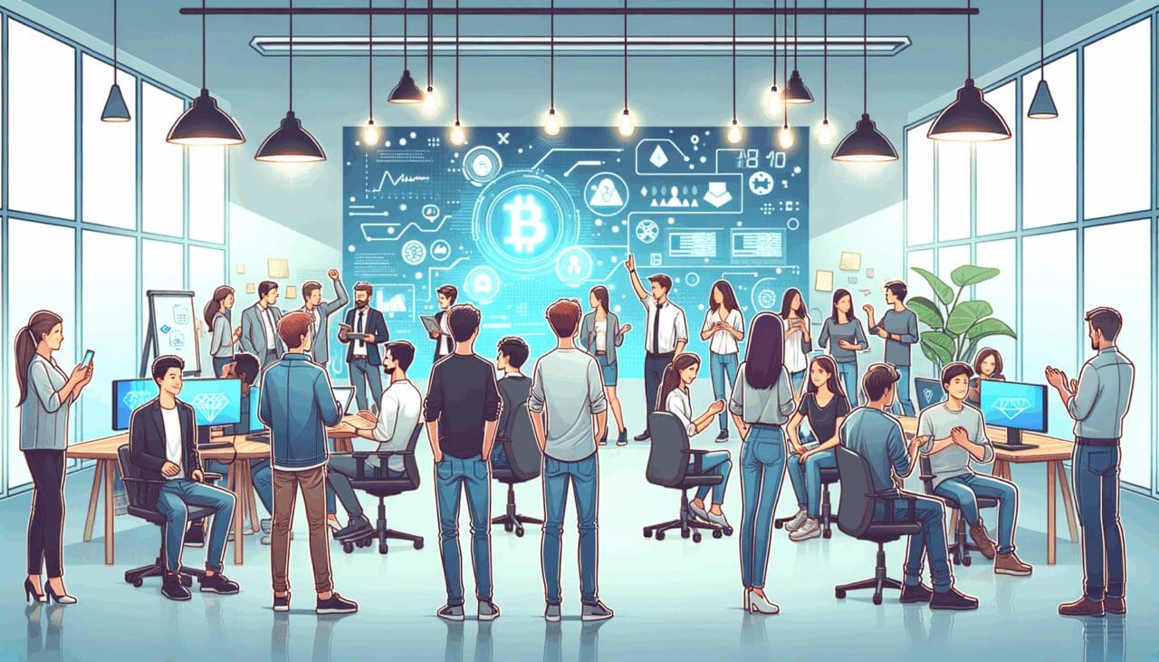 Ilustración de jóvenes emprendedores reunidos en un coworking moderno, rodeados de pantallas con gráficos y símbolos de blockchain.