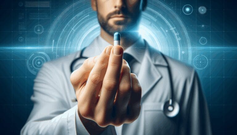 Primer plano de mano científica sosteniendo cápsula de medicamento sobre fondo tecnológico azul.