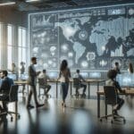 Una moderna oficina tecnológica con personas colaborando frente a pantallas con gráficos y códigos de seguridad.