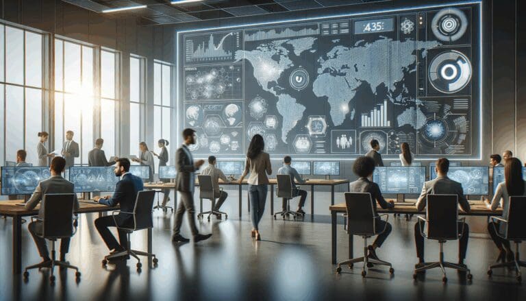 Una moderna oficina tecnológica con personas colaborando frente a pantallas con gráficos y códigos de seguridad.
