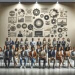 Grupo diverso de emprendedores presentando innovaciones tecnológicas en un moderno auditorio iluminado.