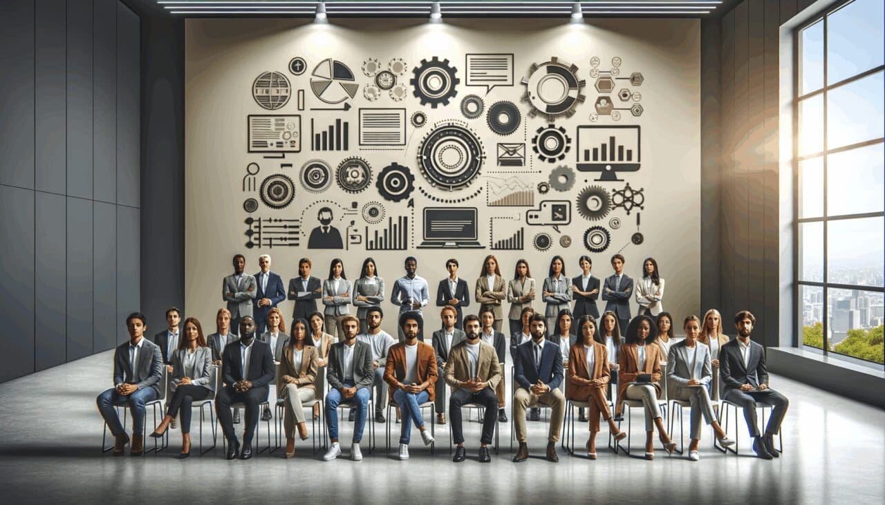 Grupo diverso de emprendedores presentando innovaciones tecnológicas en un moderno auditorio iluminado.