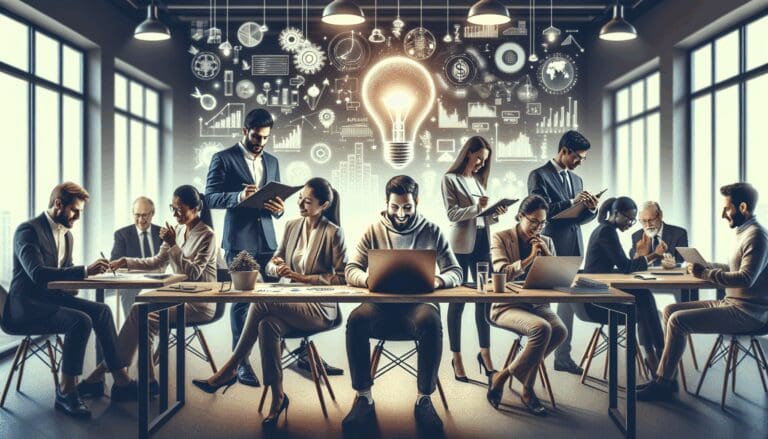 Imagen de un grupo de emprendedores discutiendo un proyecto en un entorno de oficina moderno