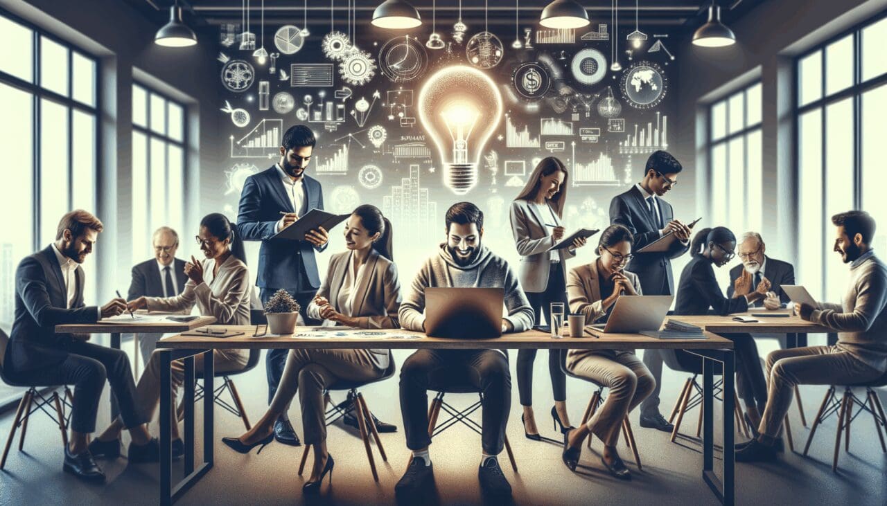 Imagen de un grupo de emprendedores discutiendo un proyecto en un entorno de oficina moderno