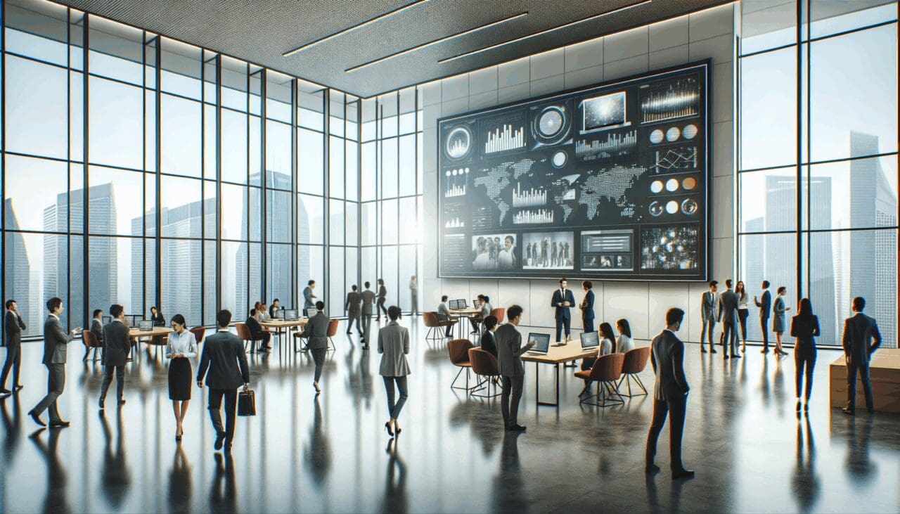 Oficinas modernas con ventanales, personas reunidas frente a pantallas mostrando gráficos y videos digitales.