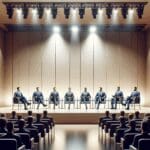 Panel de discusión en un auditorio con líderes tecnológicos debatiendo.