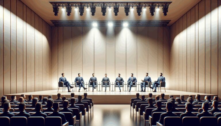 Panel de discusión en un auditorio con líderes tecnológicos debatiendo.