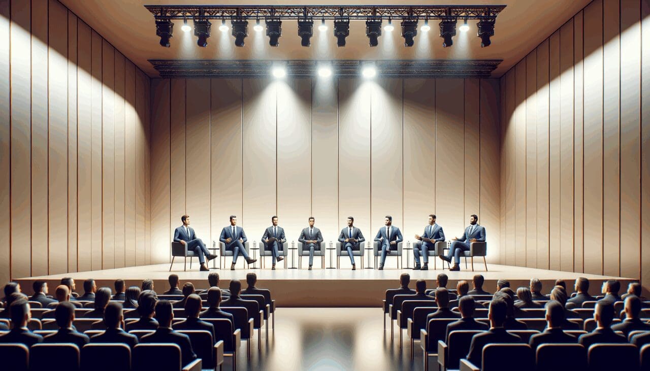 Panel de discusión en un auditorio con líderes tecnológicos debatiendo.