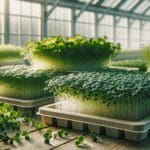 Bandejas con microverduras frescas dispuestas en un invernadero moderno, luz natural suave.