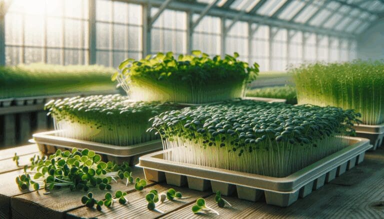 Bandejas con microverduras frescas dispuestas en un invernadero moderno, luz natural suave.