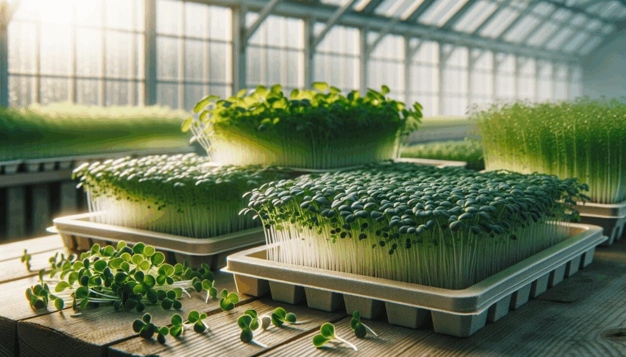 Bandejas con microverduras frescas dispuestas en un invernadero moderno, luz natural suave.