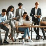 Equipo de jóvenes profesionales colaborando en una oficina moderna con laptops y tablets.