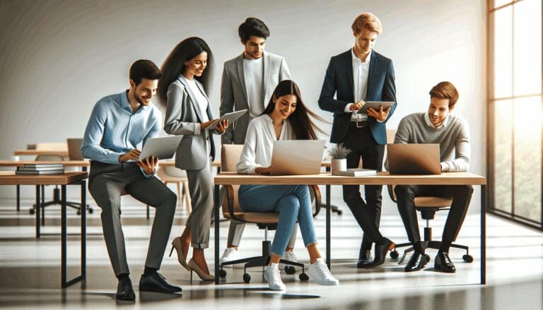 Equipo de jóvenes profesionales colaborando en una oficina moderna con laptops y tablets.
