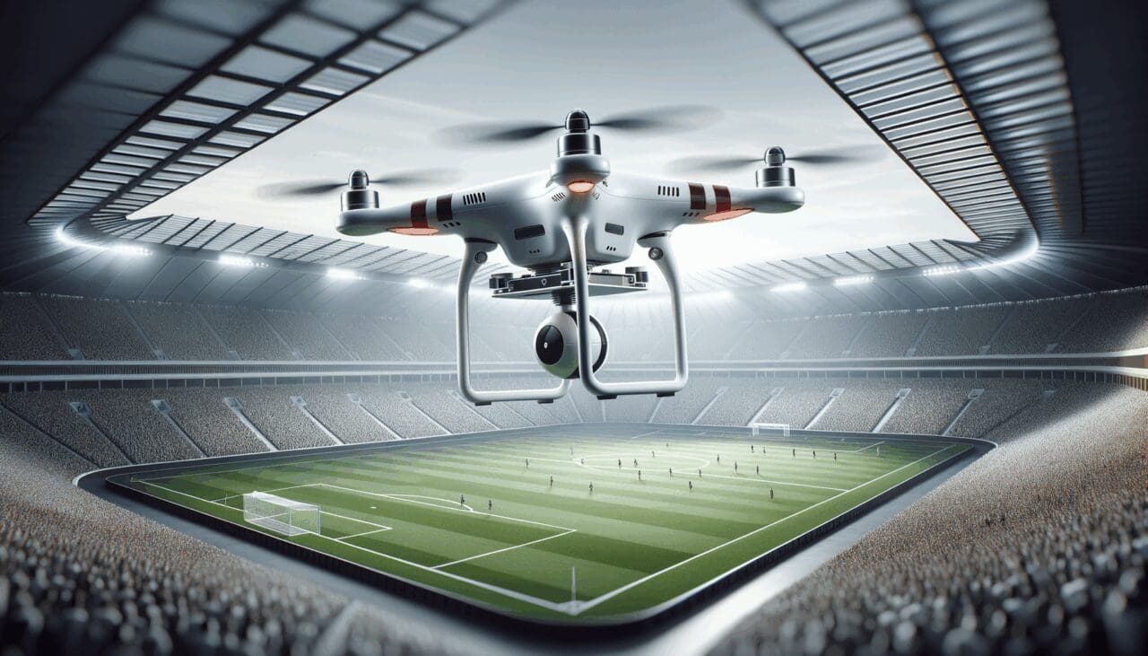 Drone deportivo volando sobre un estadio de fútbol moderno, enfoque en la innovación tecnológica.